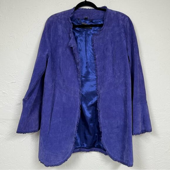 Pamela McCoy Purple Suede Leather Ruffled Long Line Jacket Blazer Womens L Fall - Picture 1 of 13